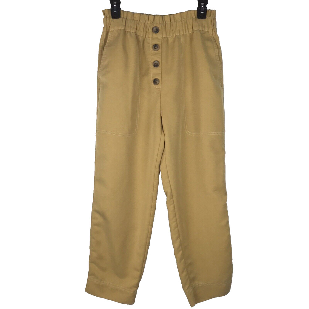 Zara High Rise Paperbag Waist Pull On Elastic Pants Crop Yellow Pockets Medium